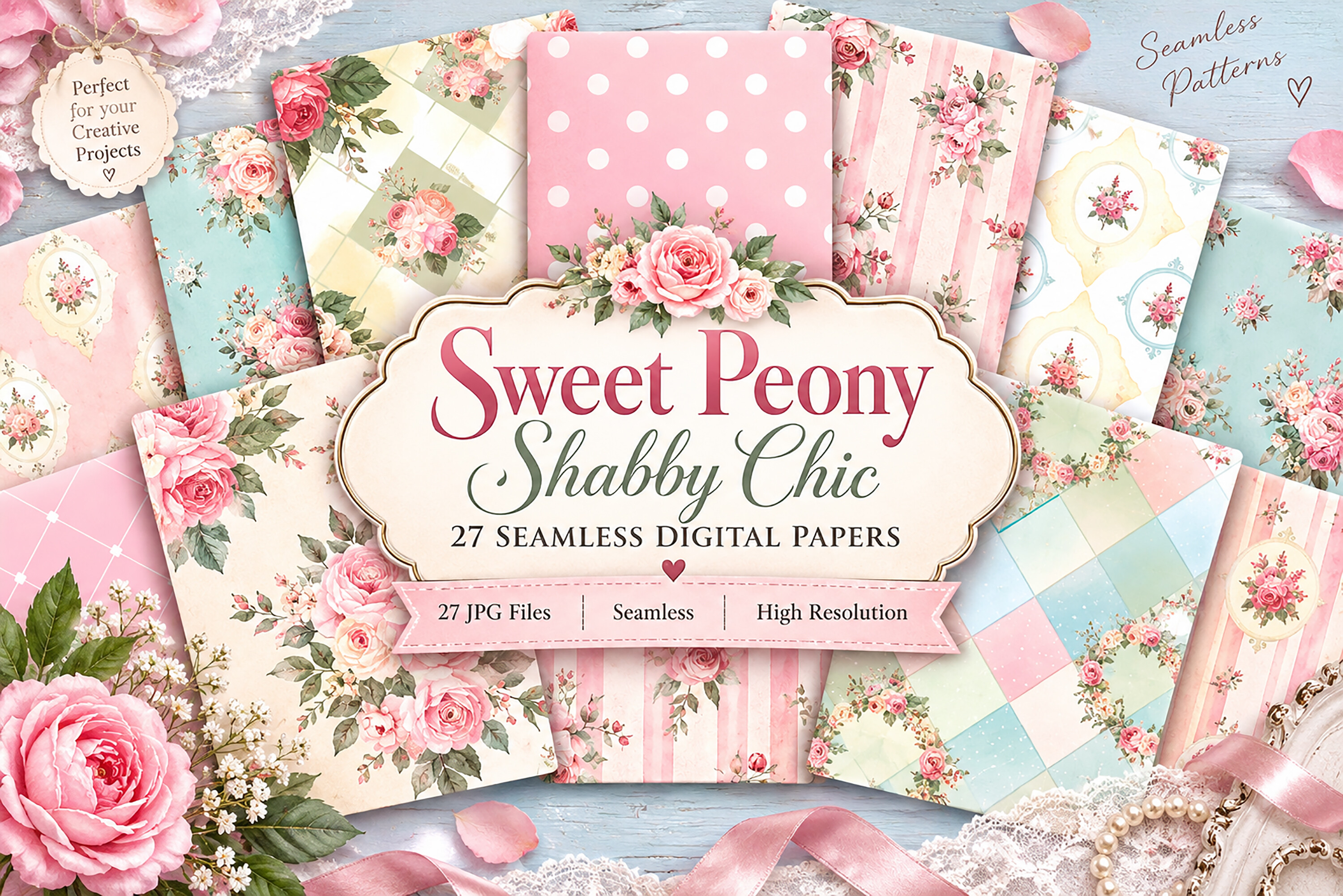 Sweet Peony Shabby Chic Digital Seamless