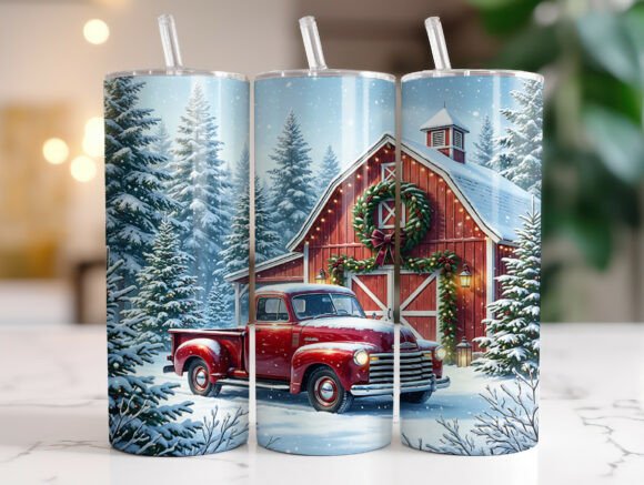 Vintage Christmas Truck Tumbler Wrap PNG