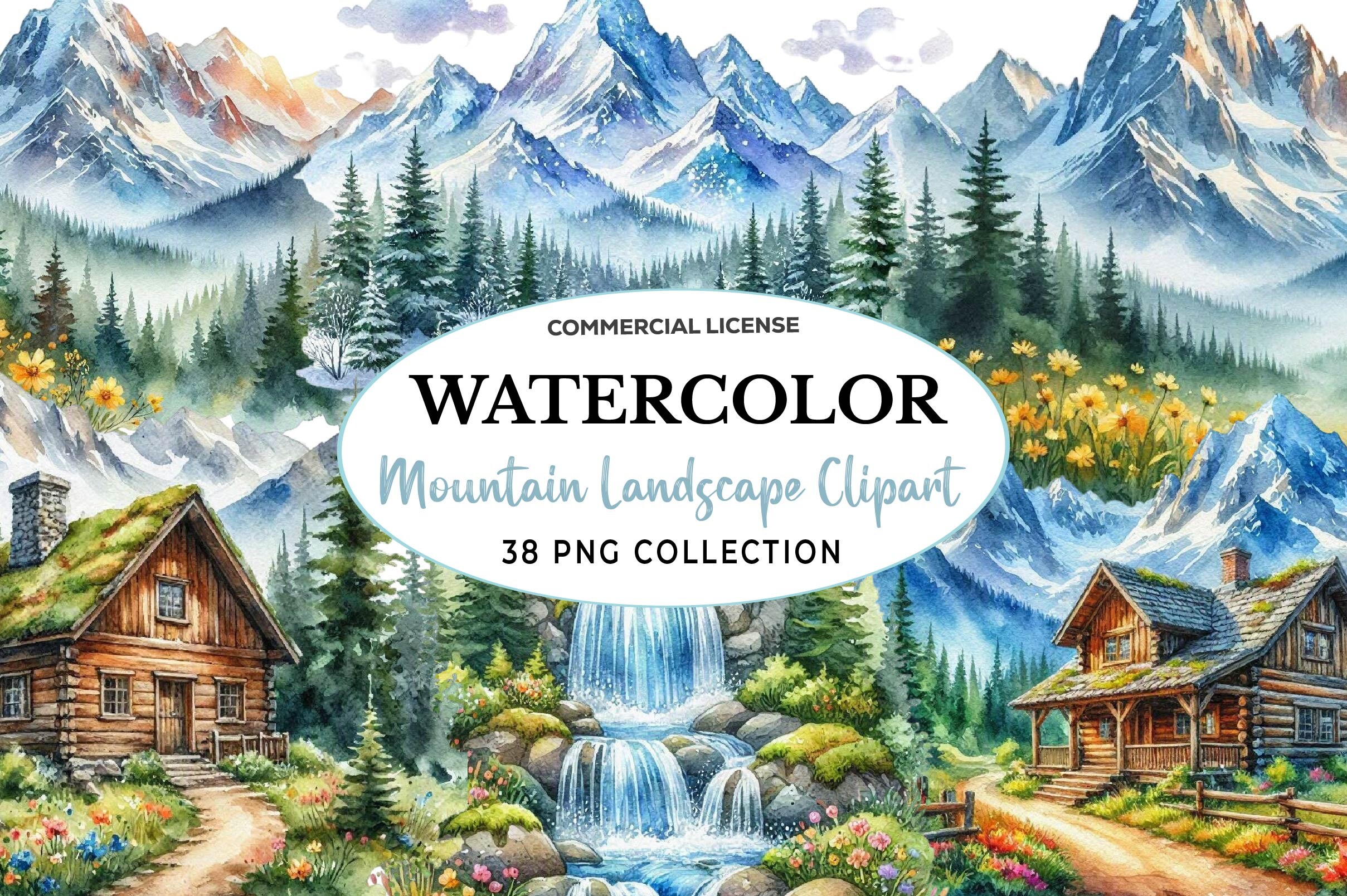 Watercolor Mountain Landscape Clipart