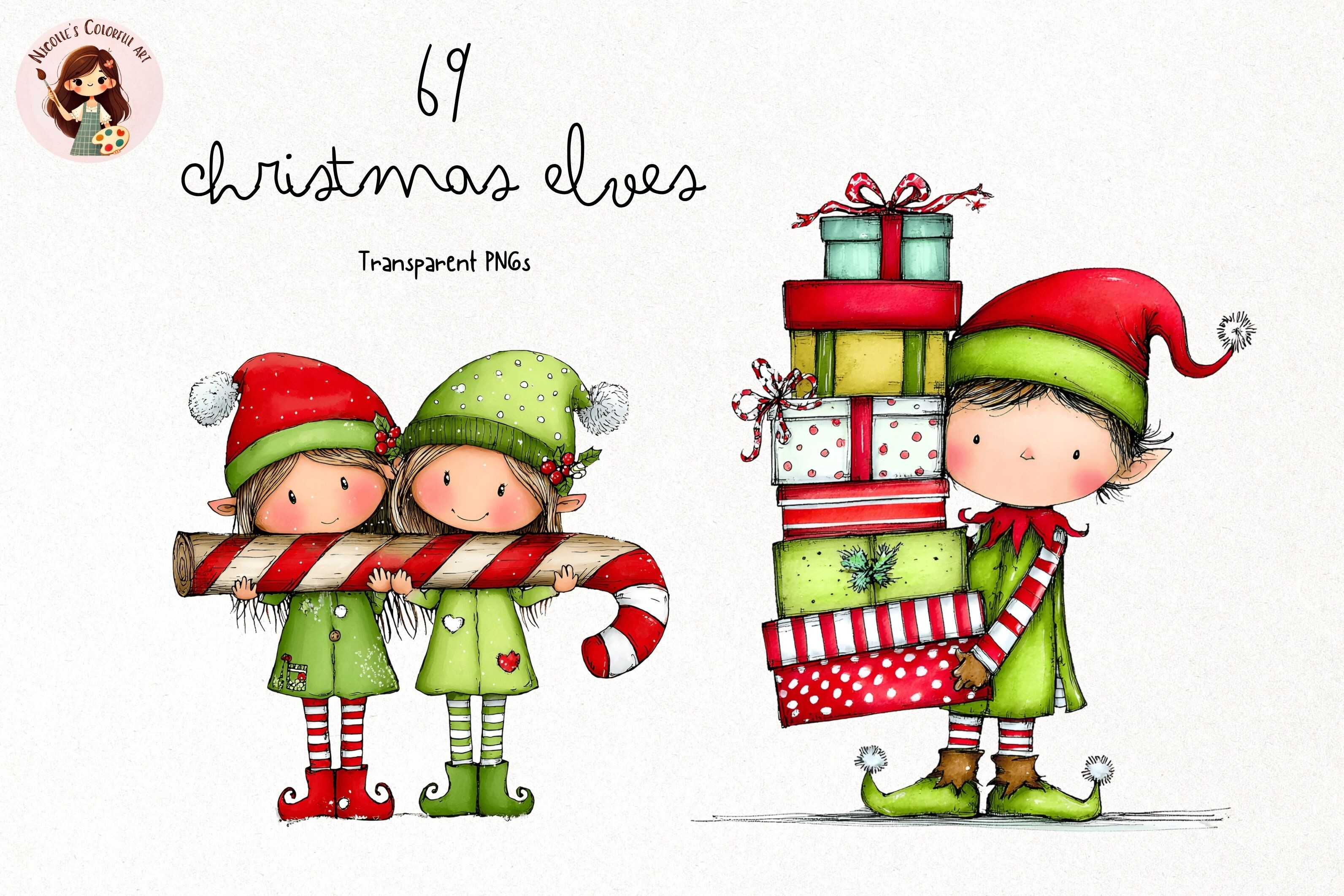 Whimsical Christmas Elves Clipart