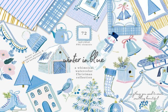 Blue Christmas Watercolor Clipart Set