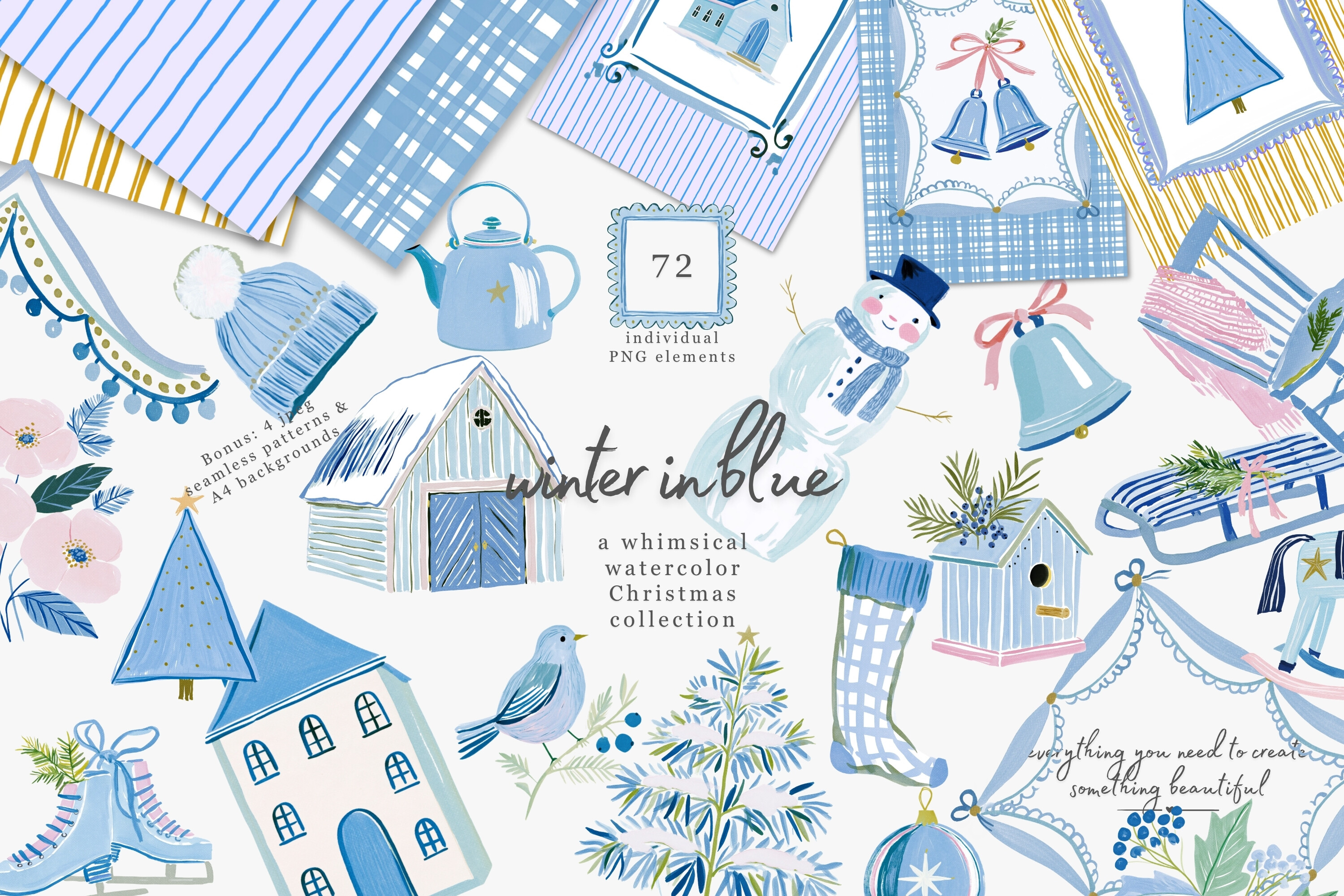 Blue Christmas Watercolor Clipart Set