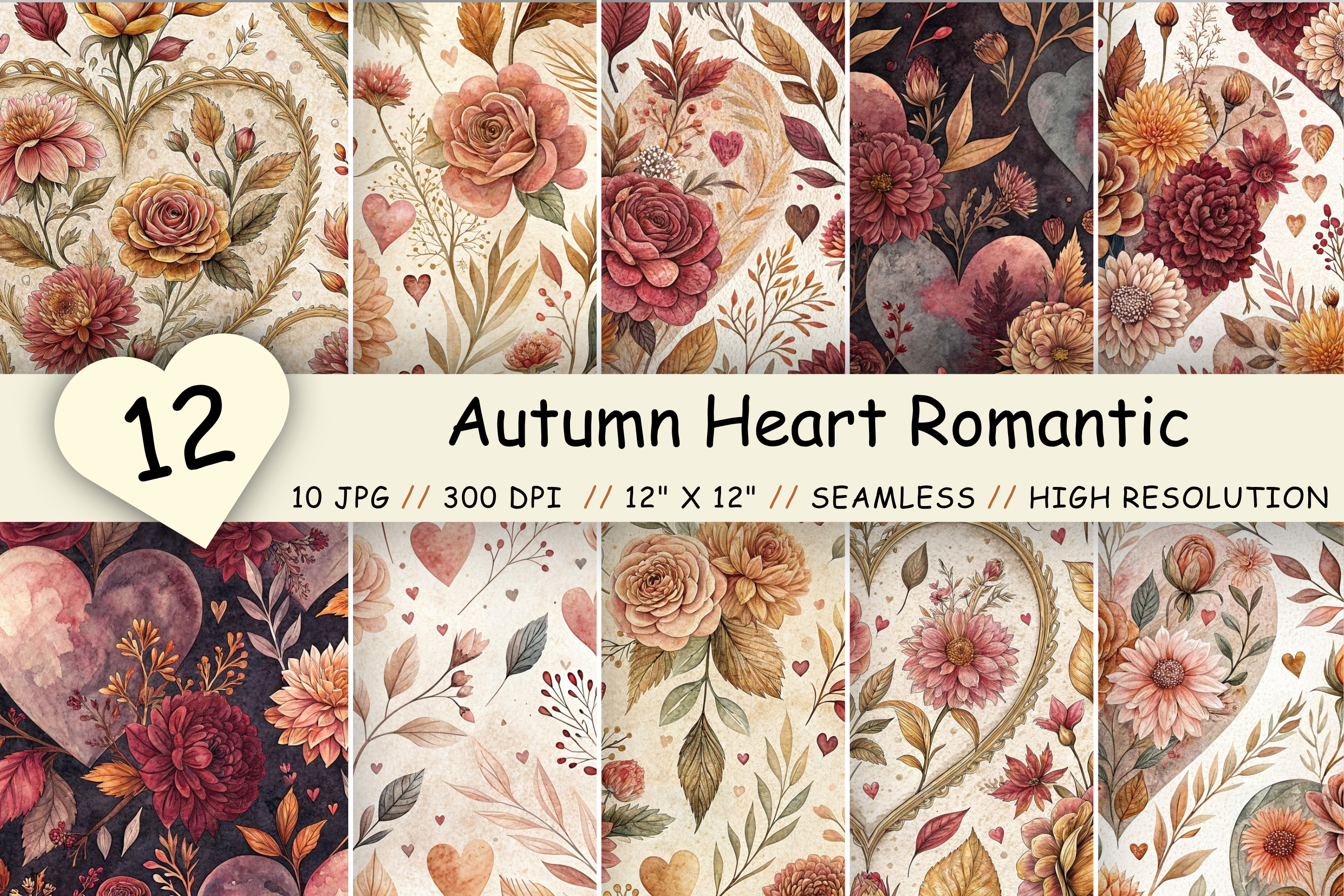 Autumn Heart Romantic Digital Paper Pack