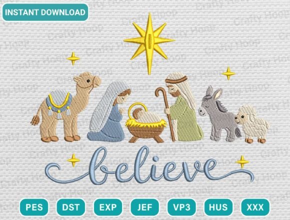 Believe Nativity Xmas Embroidery Design