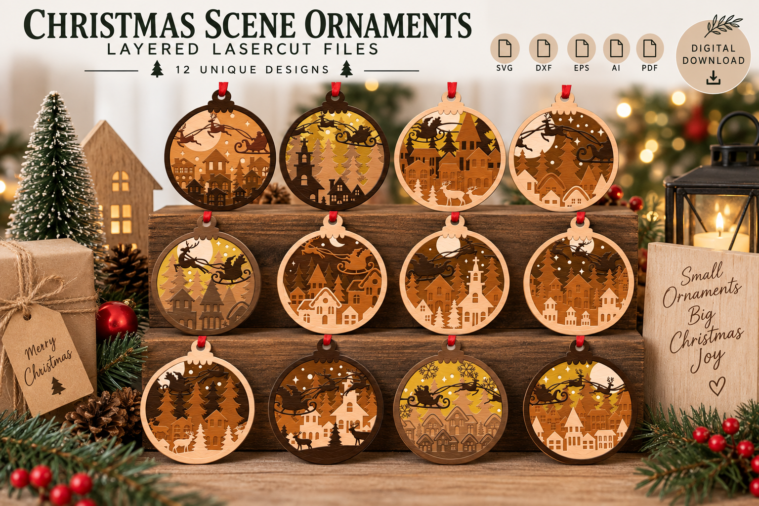 Christmas Scene Ornaments Layered Laser Cut laser cut file