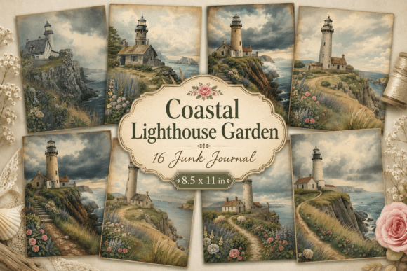 Coastal Lighthouse Garden Digital Paper