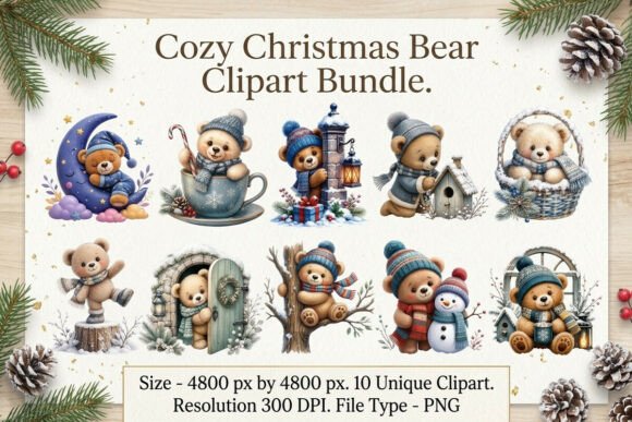 Cozy Christmas Bear Clipart Bundle