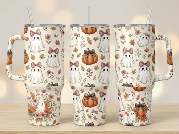 Cute Autumn Ghost Pumpkin Tumbler Design