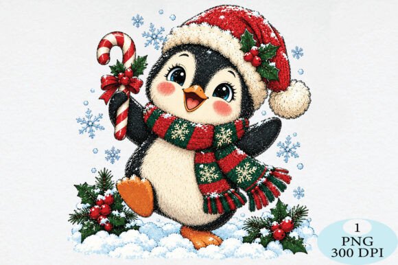Cute Christmas Penguin Candy Cane PNG