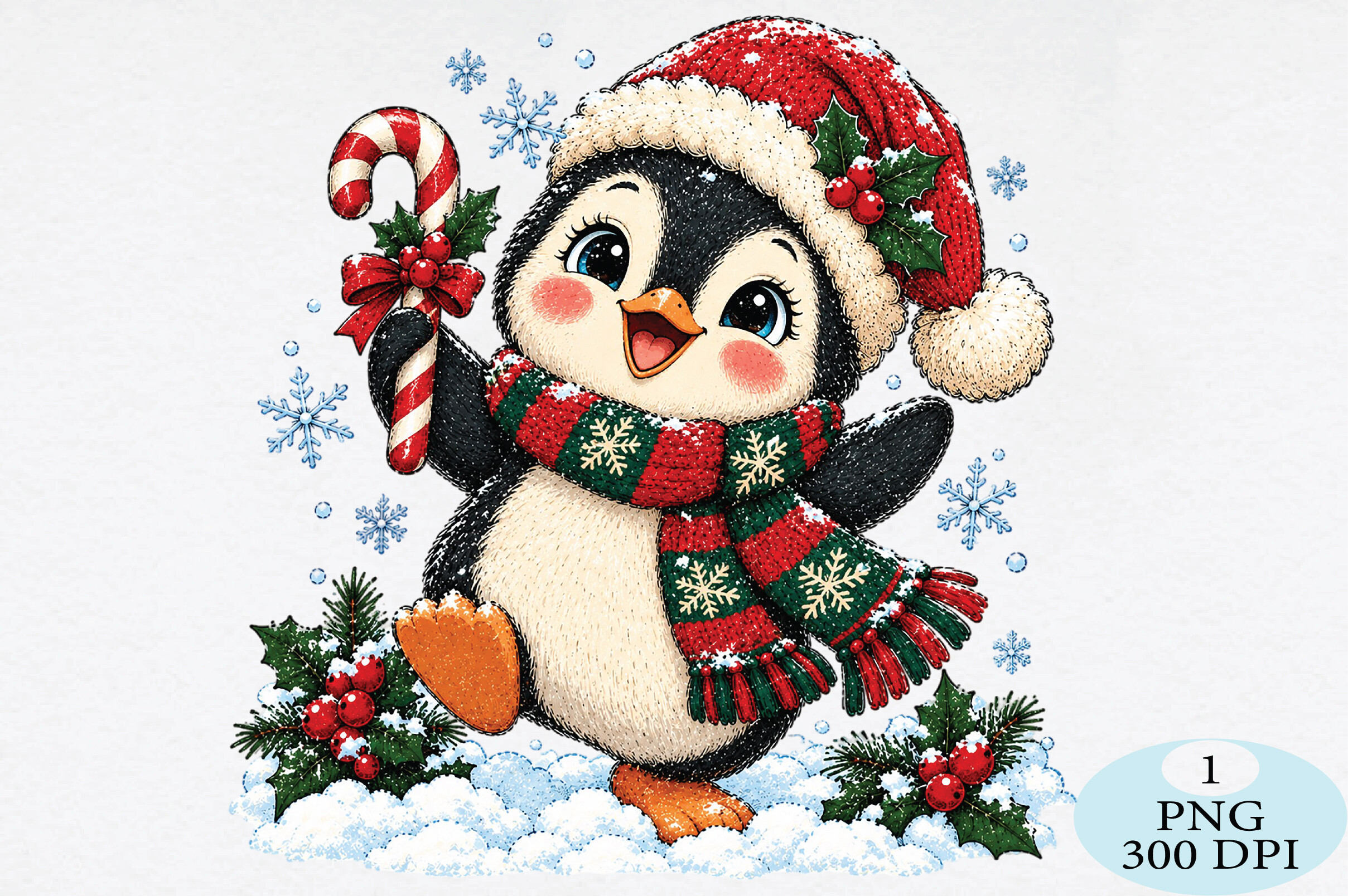 Cute Christmas Penguin Candy Cane PNG