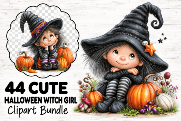 Cute Halloween Witch Girl Clipart Bundle