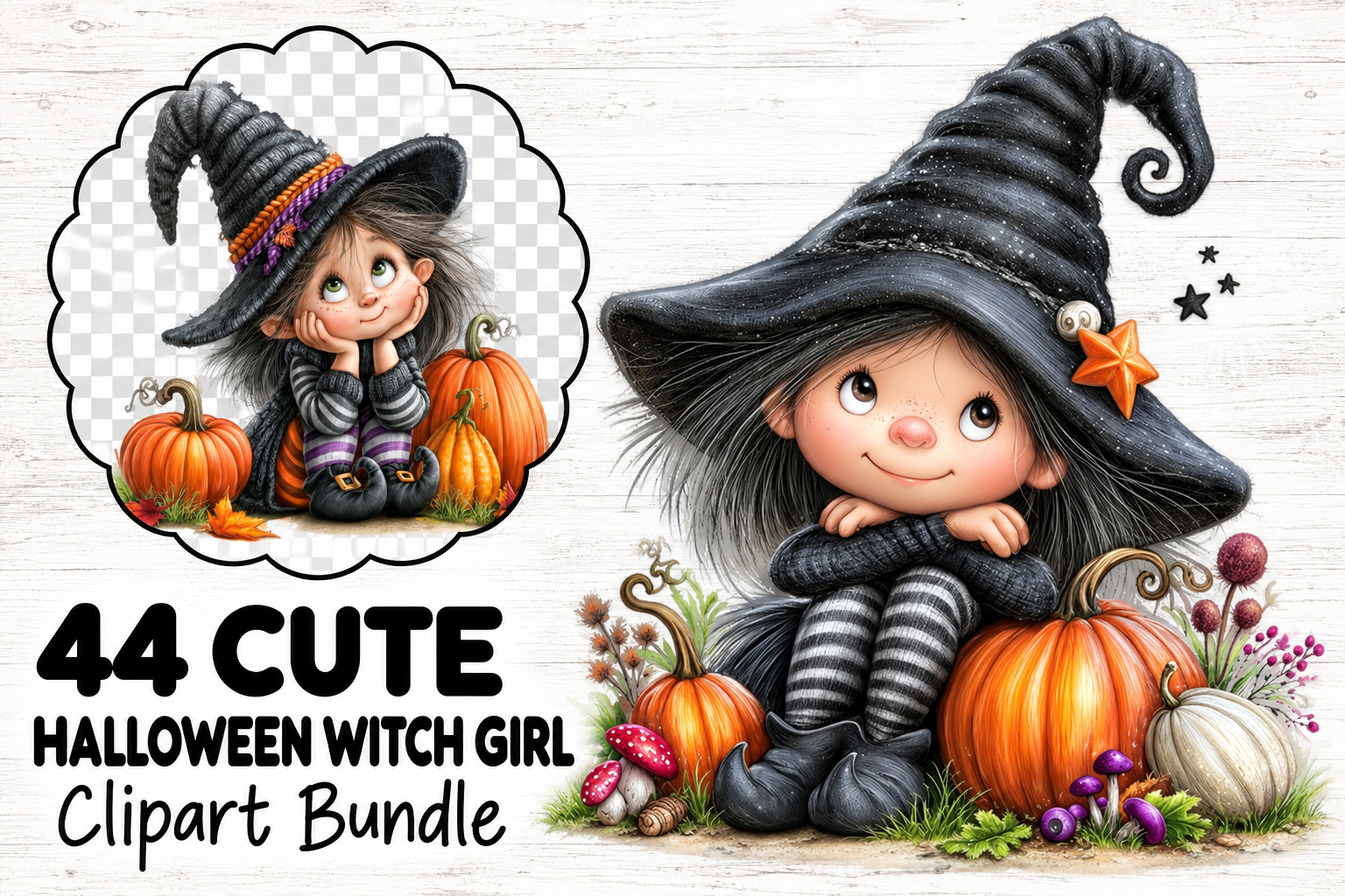 Cute Halloween Witch Girl Clipart Bundle