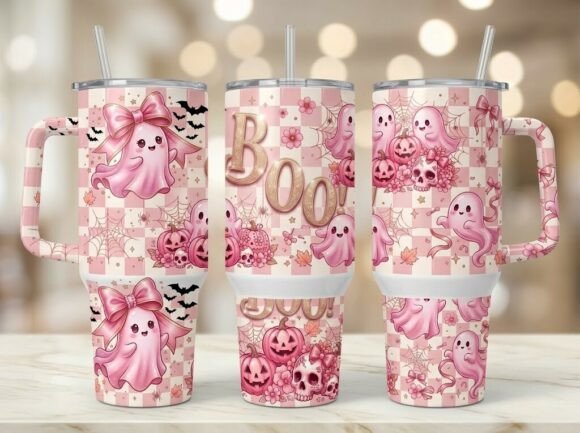 Cute Pink Ghost Halloween Tumbler Design