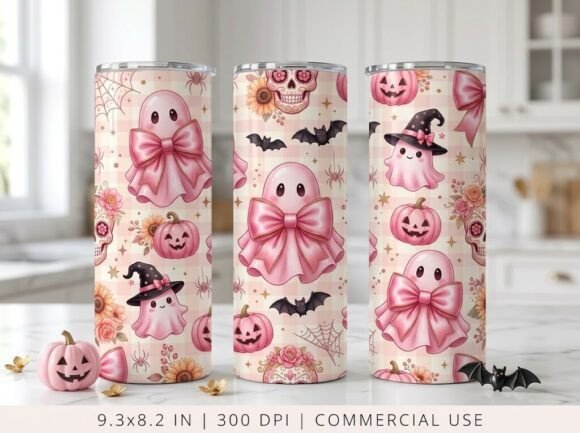 Cute Pink Ghost Halloween Tumbler Design