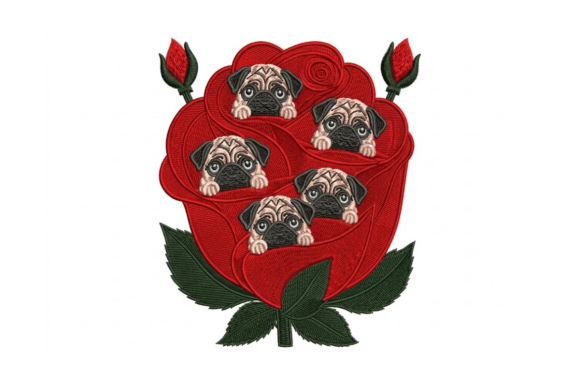 Cute Pug in Red Rose Machine Embroidery