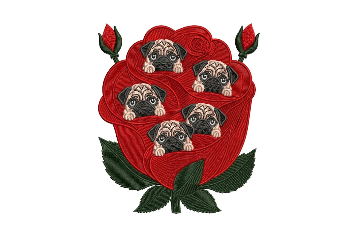 Cute Pug in Red Rose Machine Embroidery