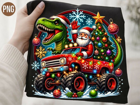 Dinosaur Santa Truck Christmas T-Shirt
