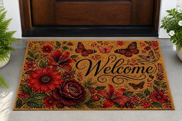Floral Butterfly Welcome Floor Doormat