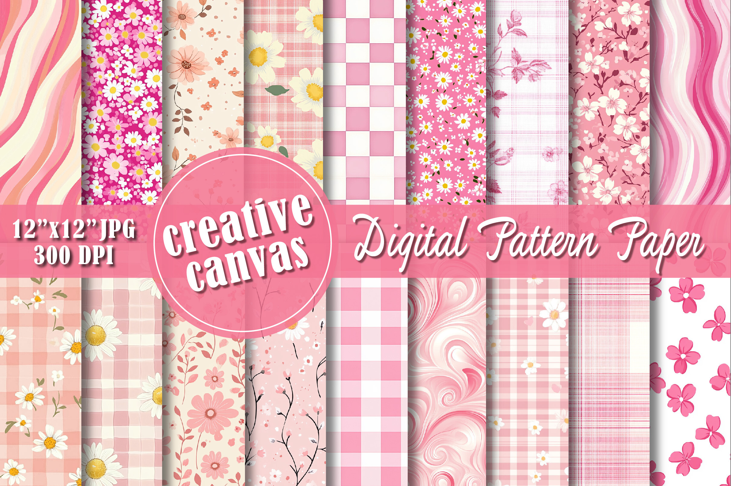 Floral Gingham and Daisy Digital Paper