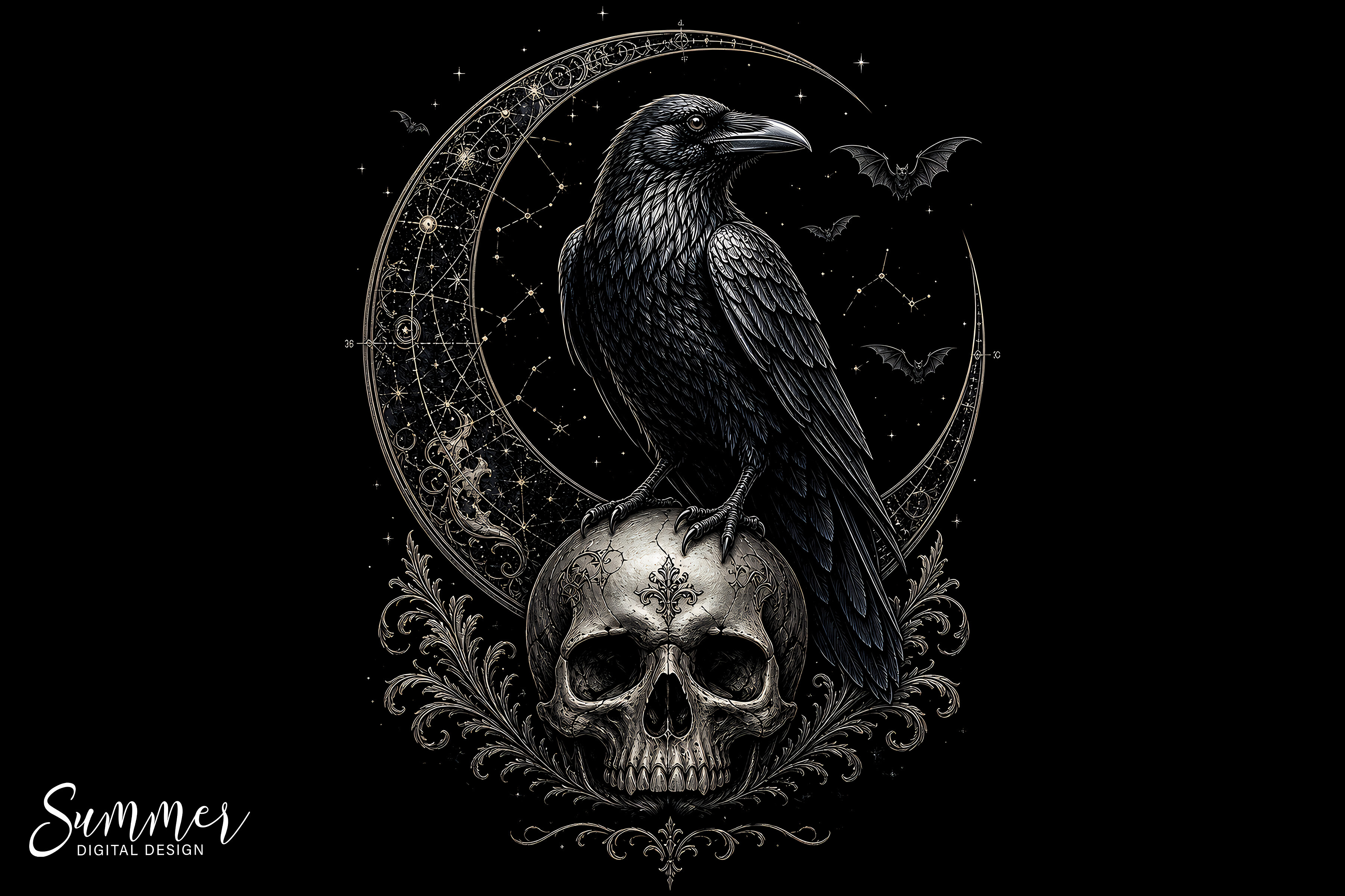 Gothic Raven Skull Celestial Halloween