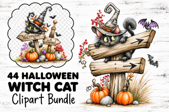 Halloween Witch Cat Clipart Bundle