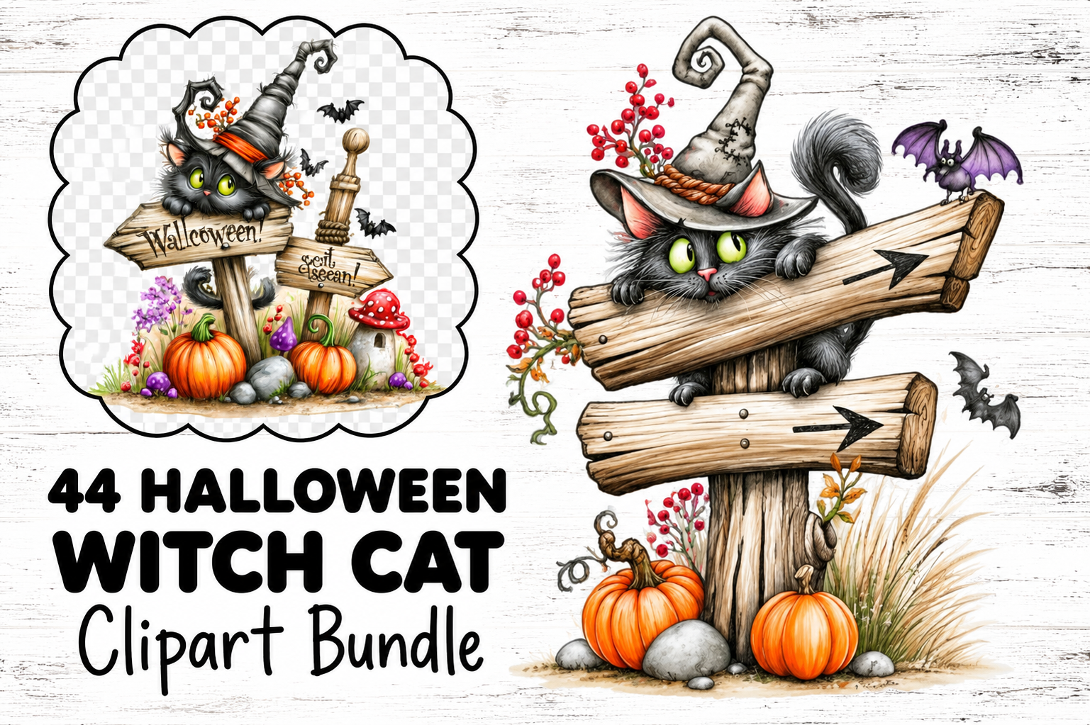 Halloween Witch Cat Clipart Bundle