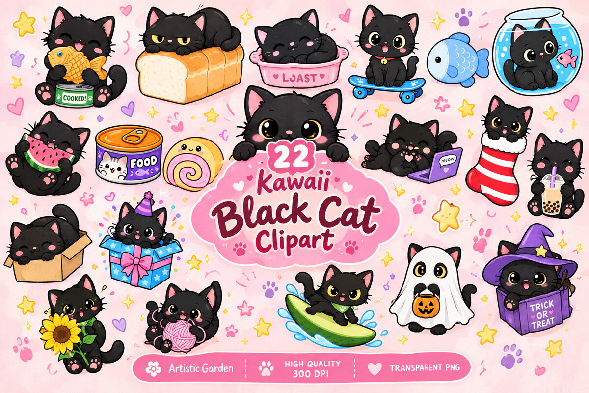 Kawaii Black Cat Clipart Bundle