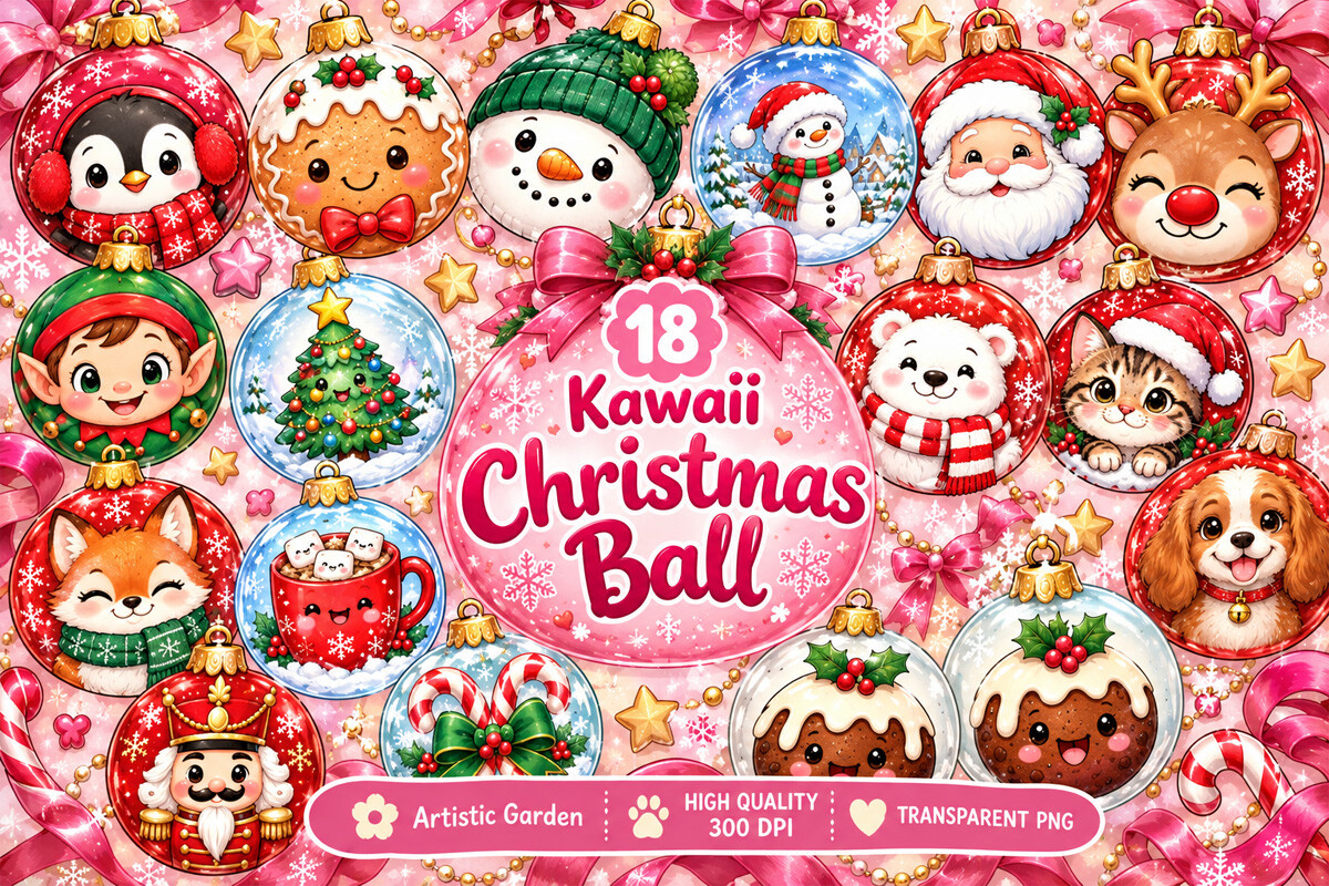 Kawaii Christmas Ball Clipart Bundle