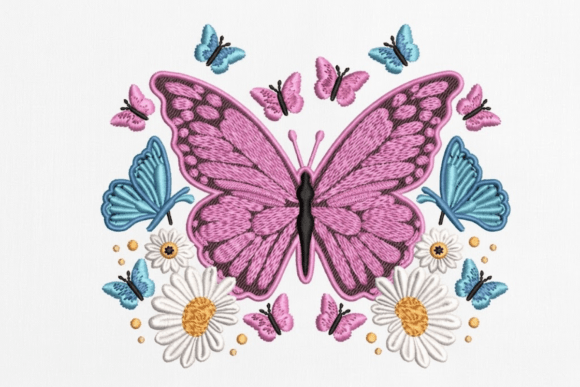 Pink Butterfly & Daisy Embroidery Design