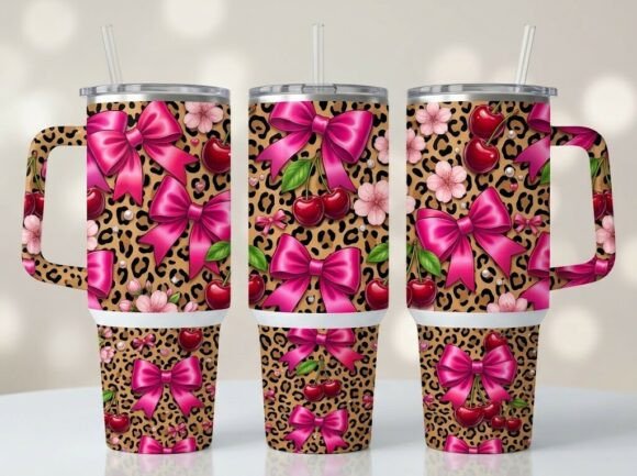 Pink Cherry Leopard Bow Tumbler Design