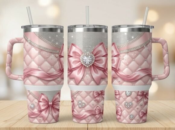 Pink Rhinestone Heart Bow Tumbler Design