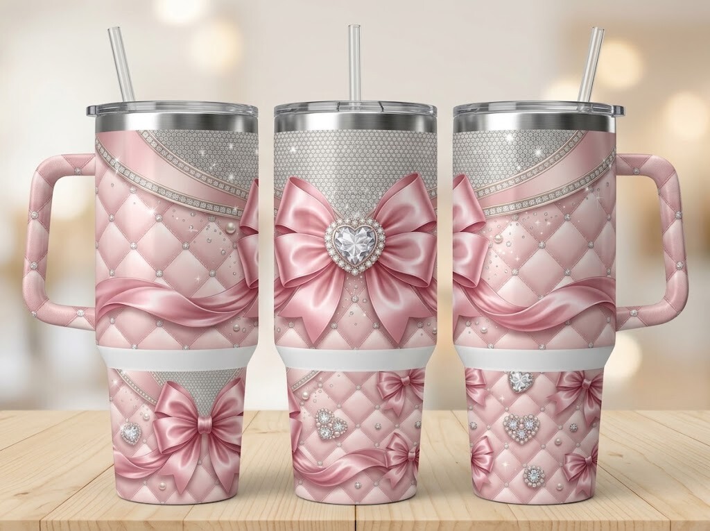 Pink Rhinestone Heart Bow Tumbler Design