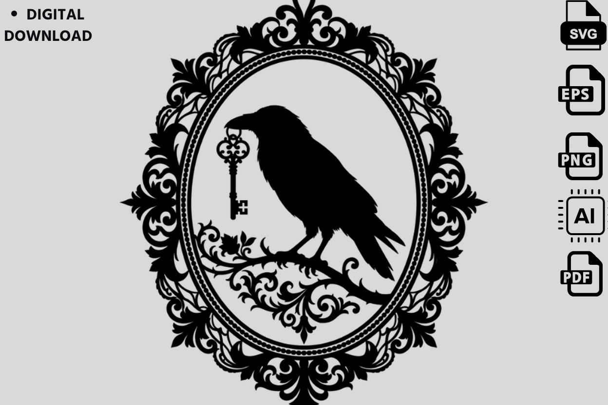 Raven with Key SVG Gothic Frame Cut
