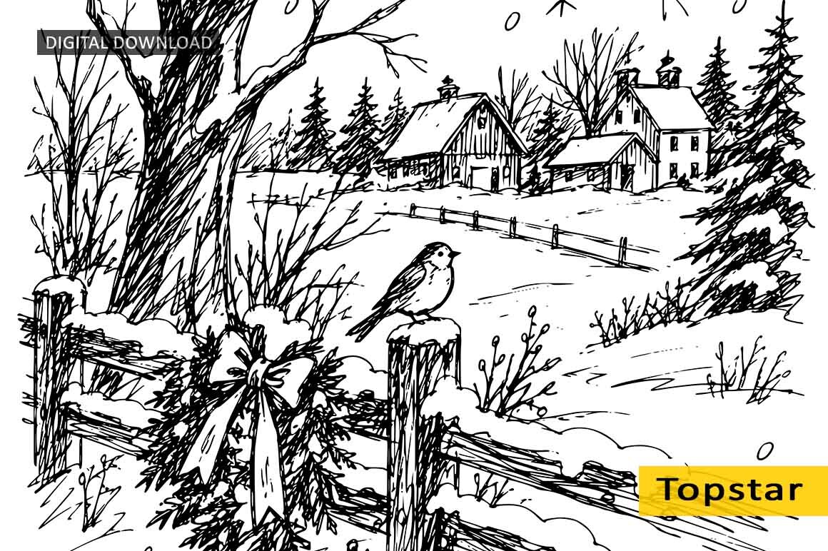 Snowy Landscape Winter Sketch Xmas Decor