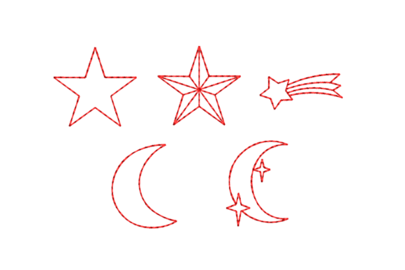 Star and Moon Outline Redwork Bundle