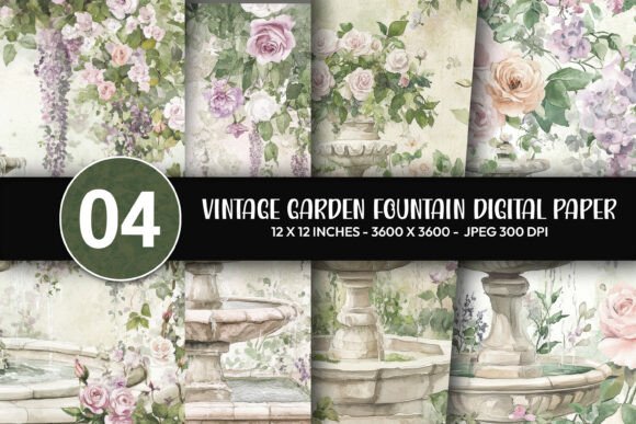 Vintage Garden Fountain Digital Paper