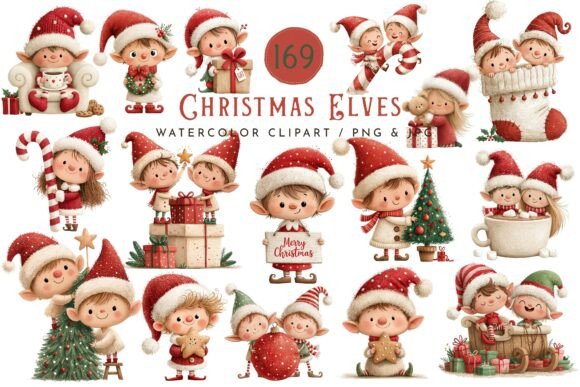 Watercolor Christmas Elves Clipart