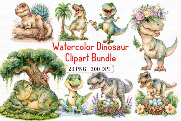 Watercolor Dinosaur Clipart Bundle