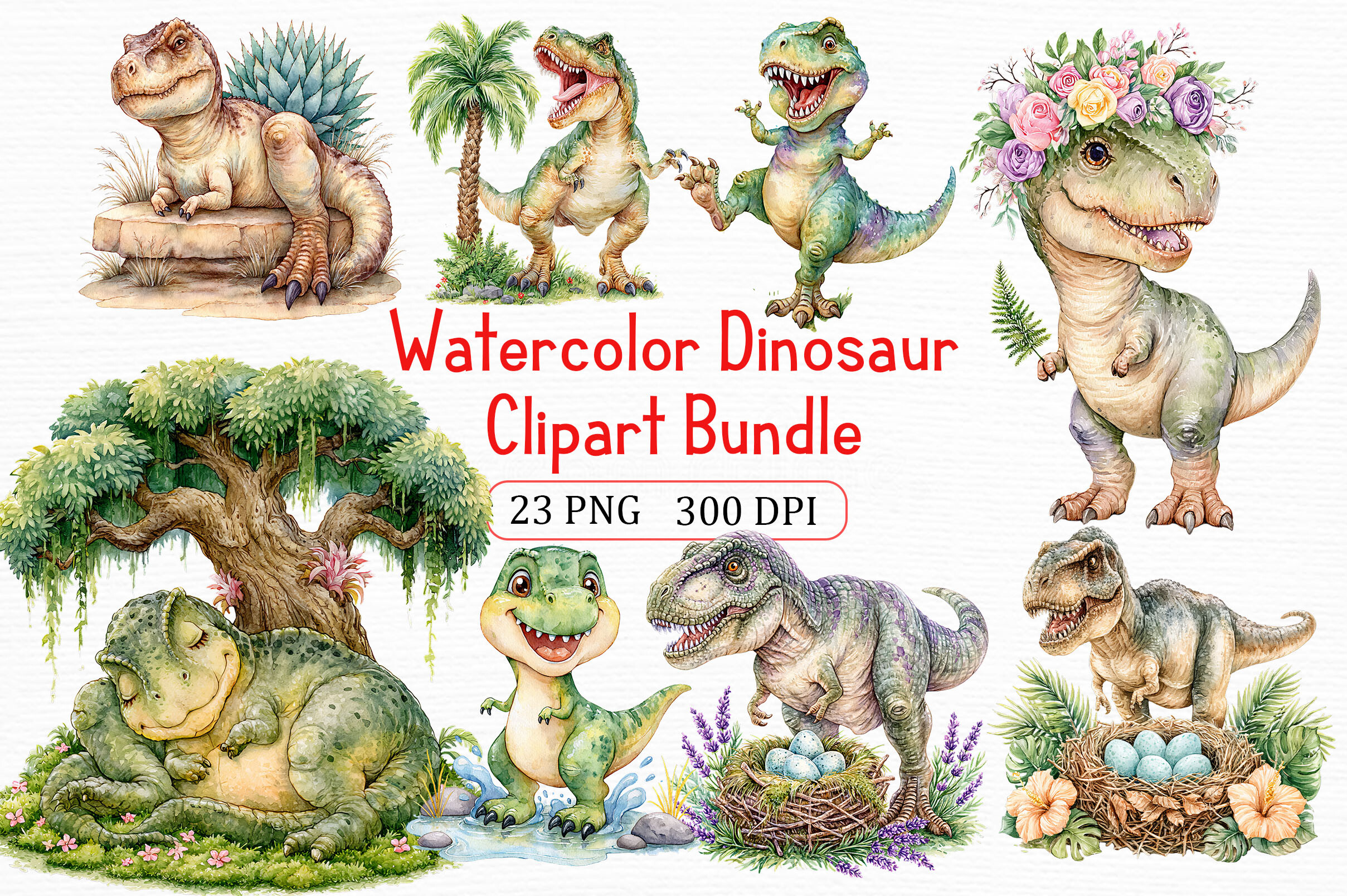 Watercolor Dinosaur Clipart Bundle