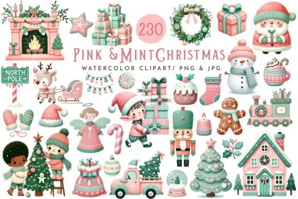Watercolor Pink Mint Christmas Clipart