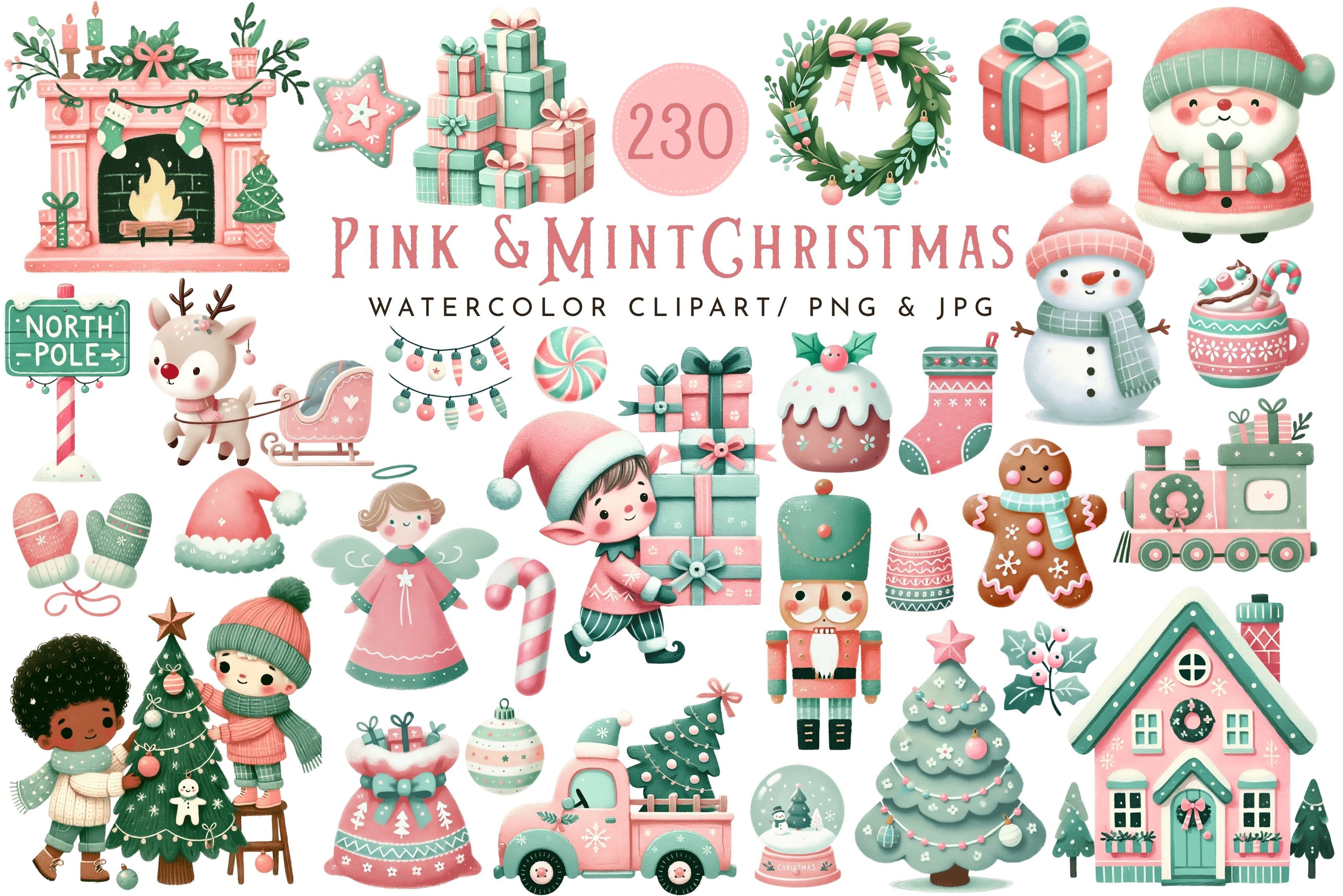 Watercolor Pink Mint Christmas Clipart