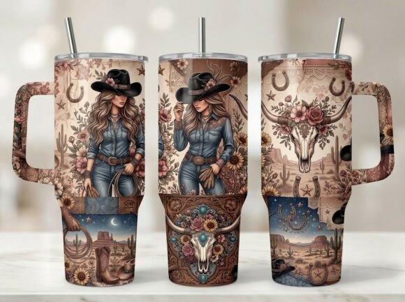 Western Cowgirl Sunflower Tumbler Design