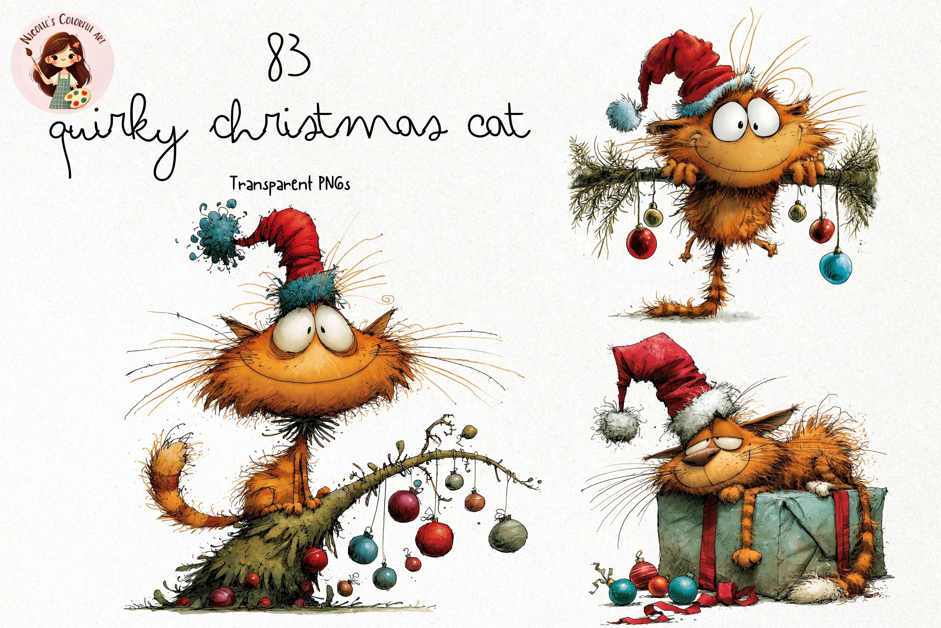 Whimsical Quirky Christmas Cat Clipart