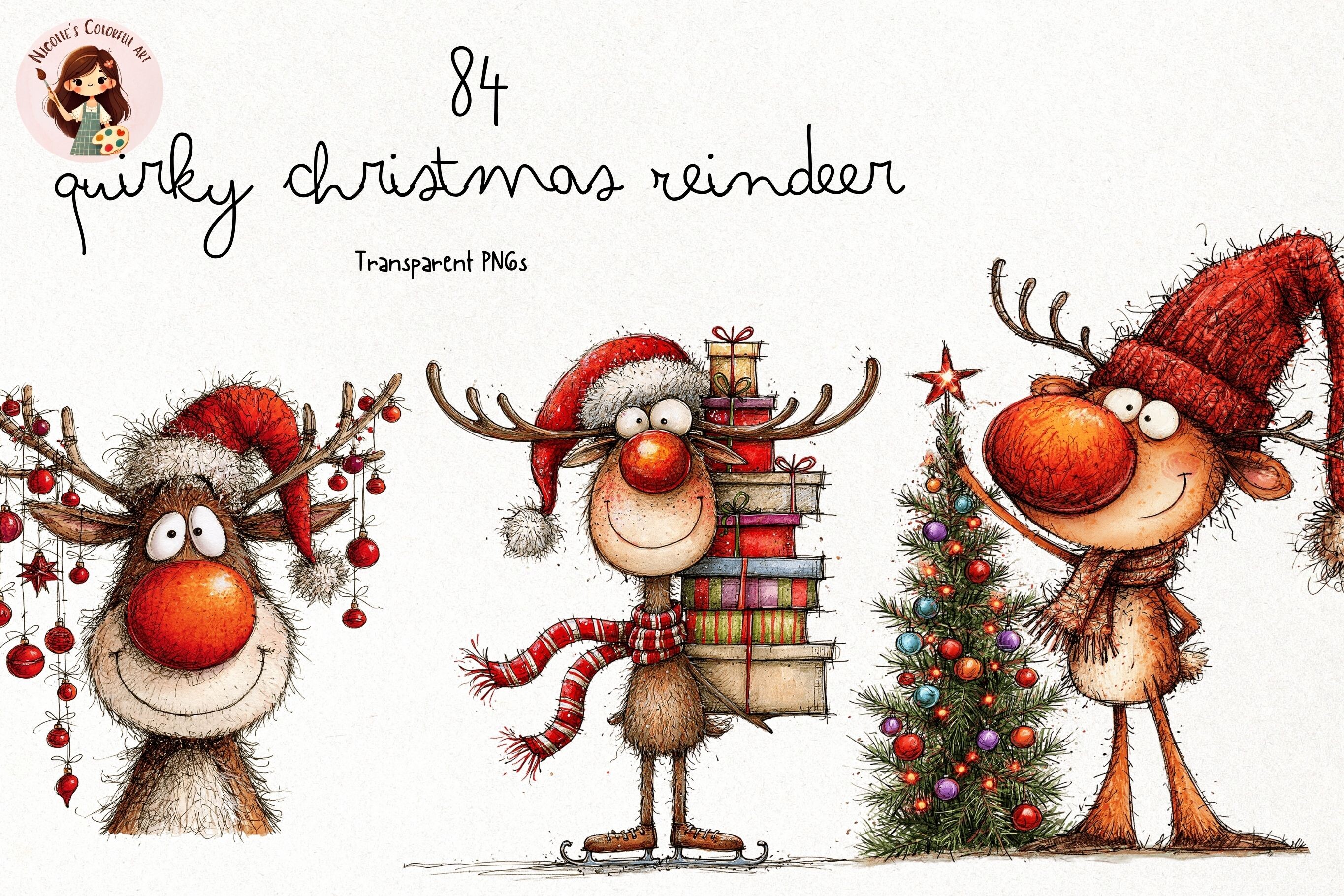 Whimsical Quirky Christmas Reindeer PNG