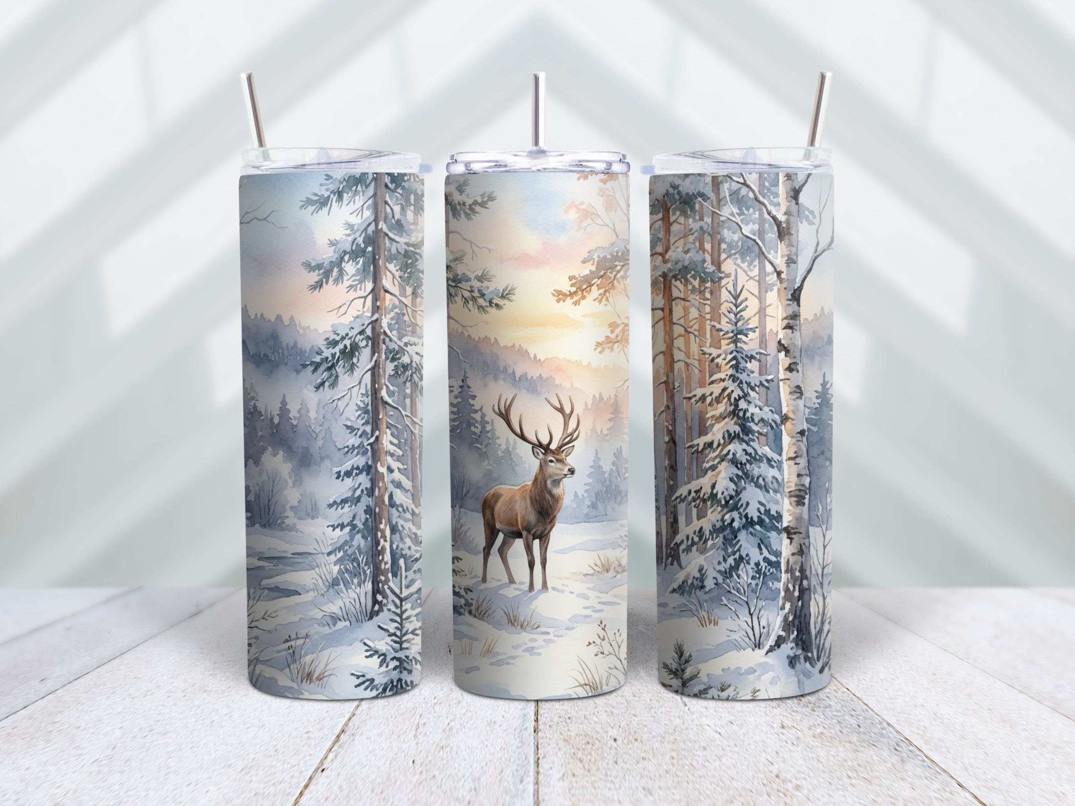 Winter Stag Watercolor Tumbler Wrap