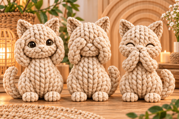 3D Print STL Knitted Cat Trio - Cute Knitted Cat Figurines for 3D Printing - Image 2