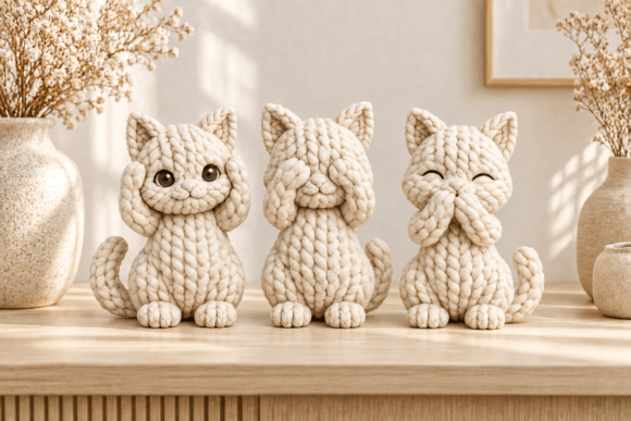 3D Print STL Knitted Cat Trio - Cute Knitted Cat Figurines for 3D Printing - Image 3