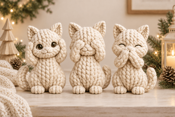 3D Print STL Knitted Cat Trio - Cute Knitted Cat Figurines for 3D Printing - Image 4