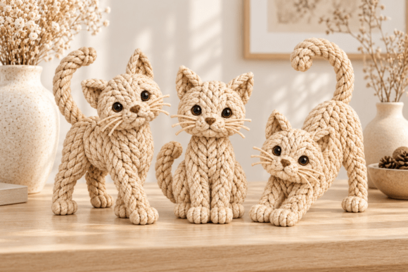 3D Print STL Knitted Cat Trio - Cute Cat Figurines for Cozy Decor - Image 1