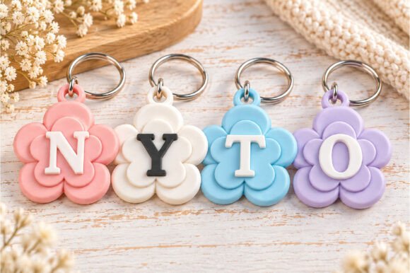 Alphabet Flower Initial Keychain STL – Personalized 3D Printable Letter Keychain - Image 3
